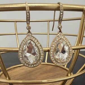 Gold Teardrop Crystal Dangle Earrings - Unbranded